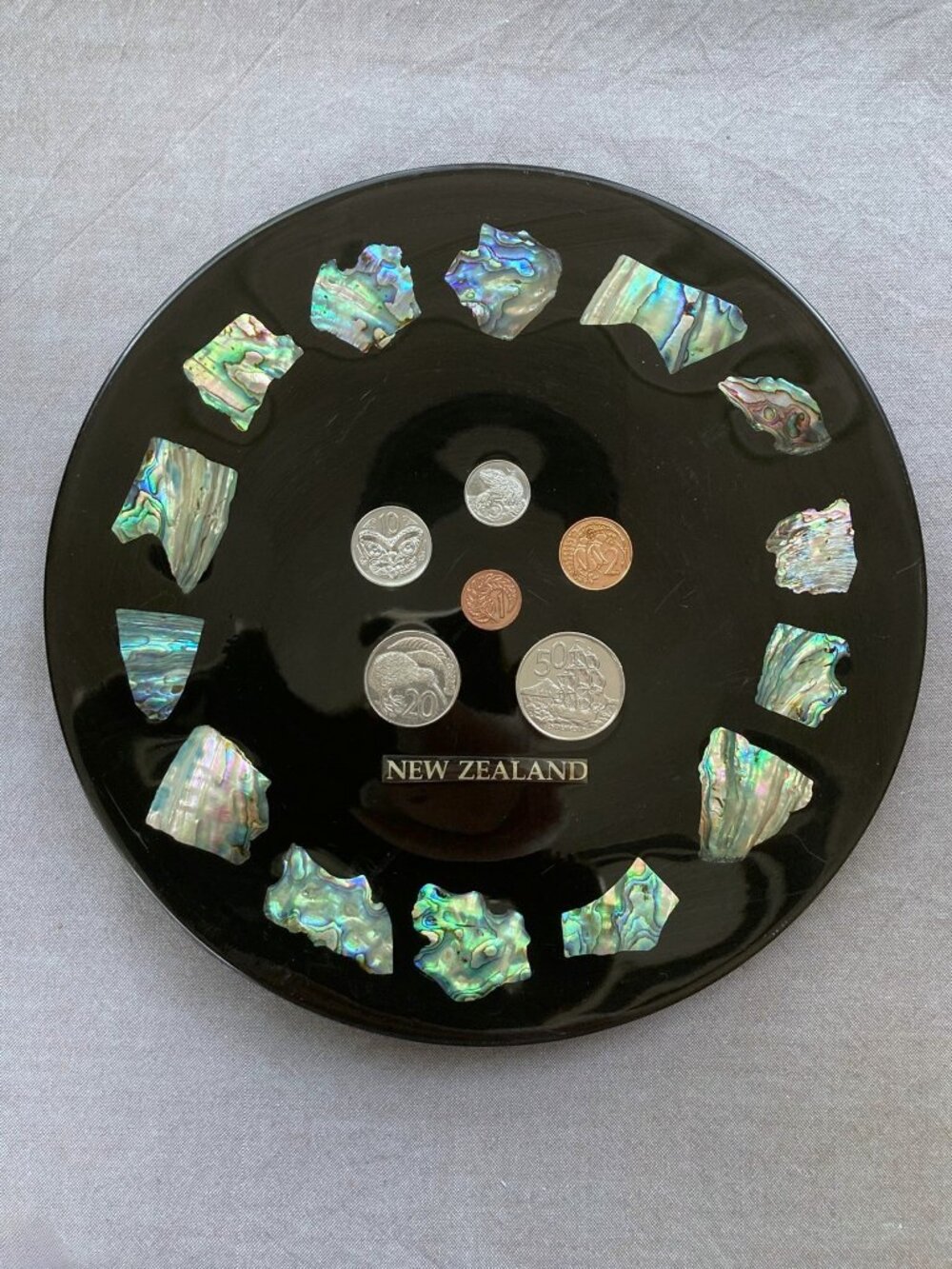 Vintage New Zealand Paua Abalone Souvenir Plate, 9.5" Dia., Coins, Resin, Decor